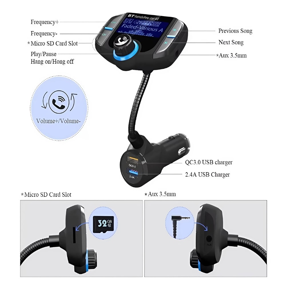 Bluetooth autós FM transzmitter BT70 – kihangosító és MP3 zenelejátszó, 2x USB töltővel és Micro SD támogatással 4