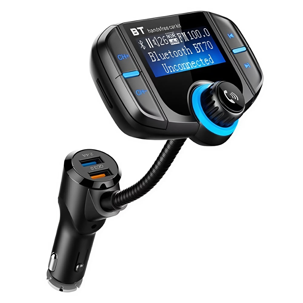 Bluetooth autós FM transzmitter BT70 – kihangosító és MP3 zenelejátszó, 2x USB töltővel és Micro SD támogatással