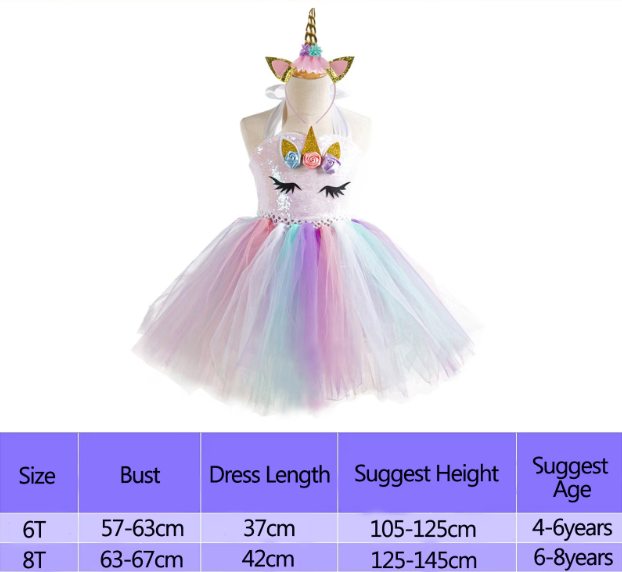 Farsangi unikornis tündérruha jelmez szivárványszínű ruhával és fejdísszel – S méret 110 cm magasságra 2