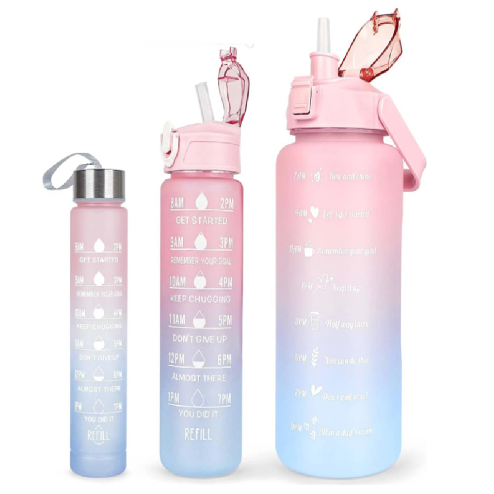 Háromrészes Havita motivációs kulacs szett, rózsaszín-kék színkombinációban, 2L, 900 ml és 300 ml méretű palackokkal 1