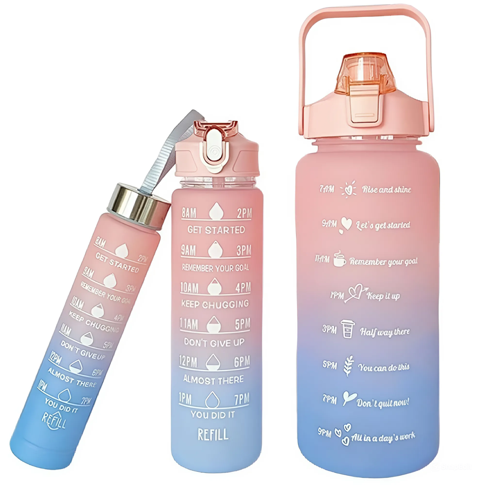 Háromrészes Havita motivációs kulacs szett, rózsaszín-kék színkombinációban, 2L, 900 ml és 300 ml méretű palackokkal 5