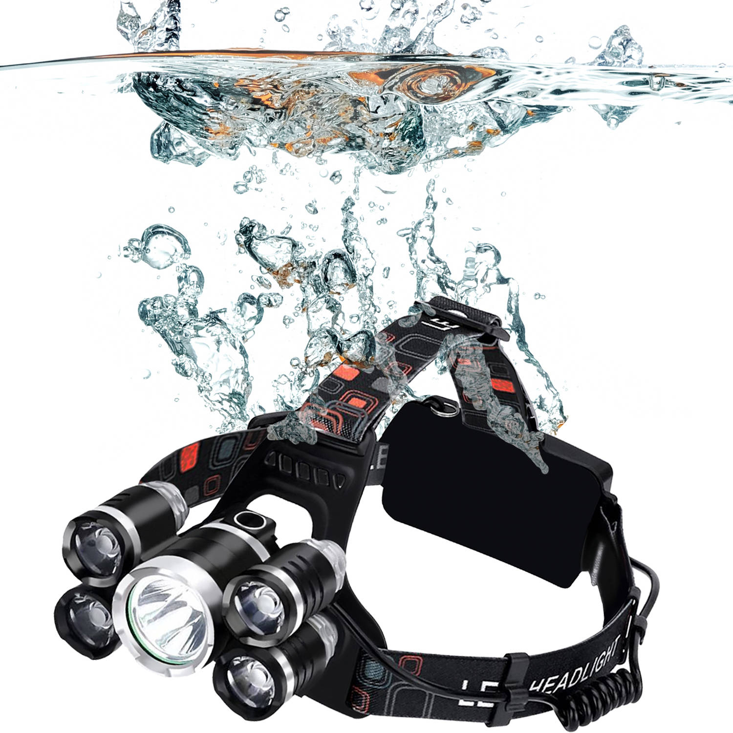 Nagy fényerejű fejlámpa 5 x T6 CREE leddel akkumulátorral – állítható pántokkal, 4 világítási móddal (BB-16144) (12)