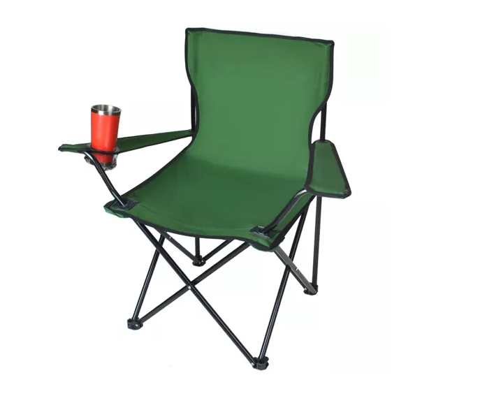 Összecsukható és könnyen hordozható kempingszék italtartós karfával és 100 kg teherbírással – zöld horgászszék 1