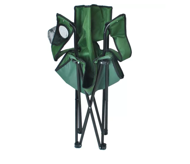 Összecsukható és könnyen hordozható kempingszék italtartós karfával és 100 kg teherbírással – zöld horgászszék 7