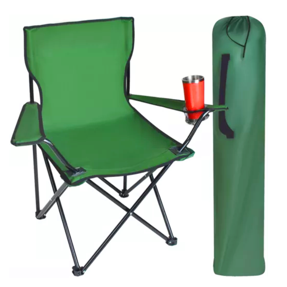 Összecsukható és könnyen hordozható kempingszék italtartós karfával és 100 kg teherbírással – zöld horgászszék