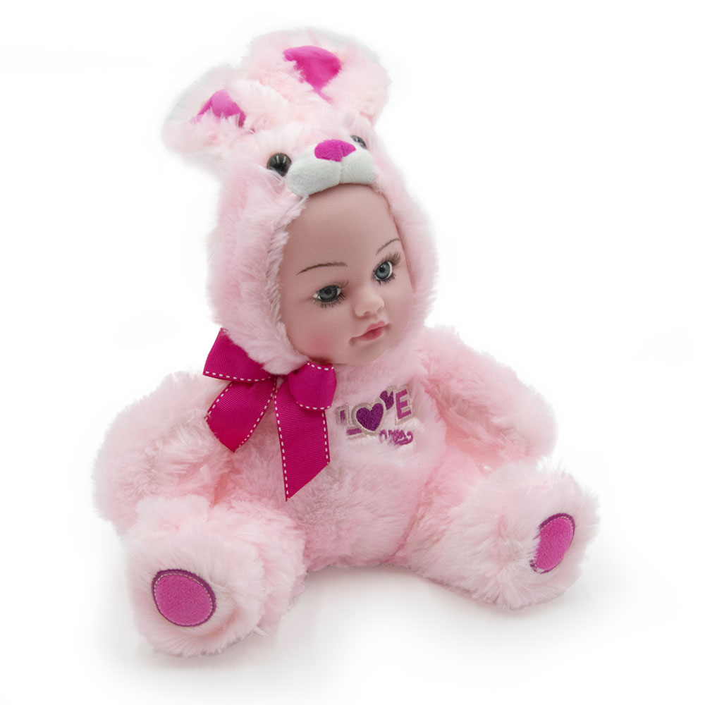 Síró, nevető, beszélő baba óriás szempillával – plüss anyagú nyuszis jelmezben2