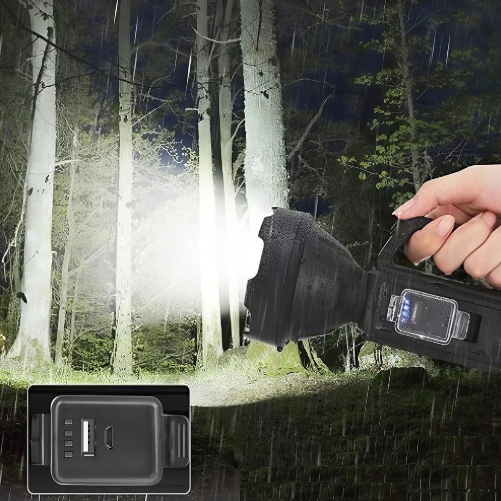 XXL_napenergiás_kézi_lámpa_20W_1200_lumen_fényerő,_20000mAh_akkumulátor,_hideg_fehér_LED_&_COB_technológia