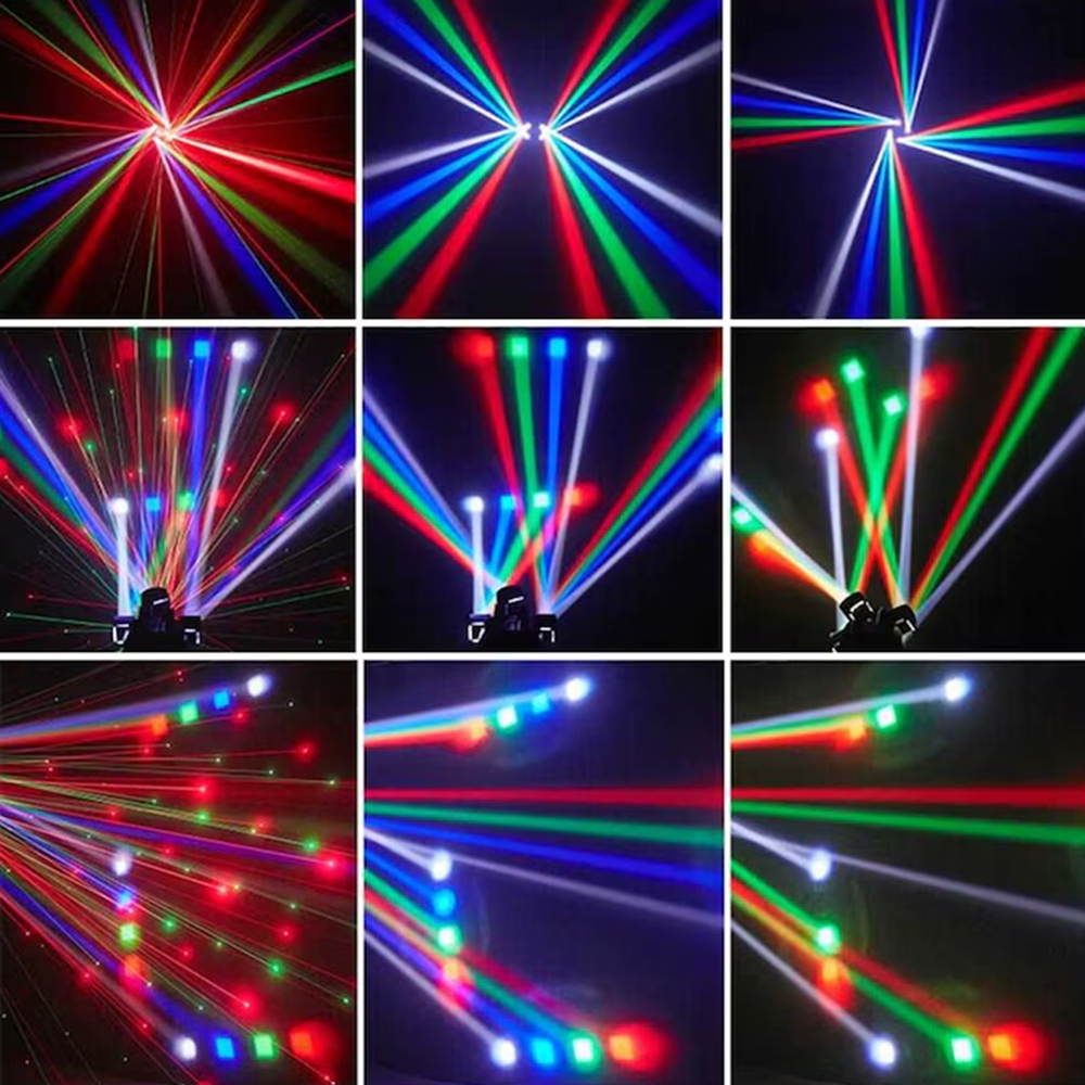 4 karos lézer-LED diszkófény mozgófejes effektekkel – stroboszkóp, hangvezérlés és távirányító-48W (BBD)