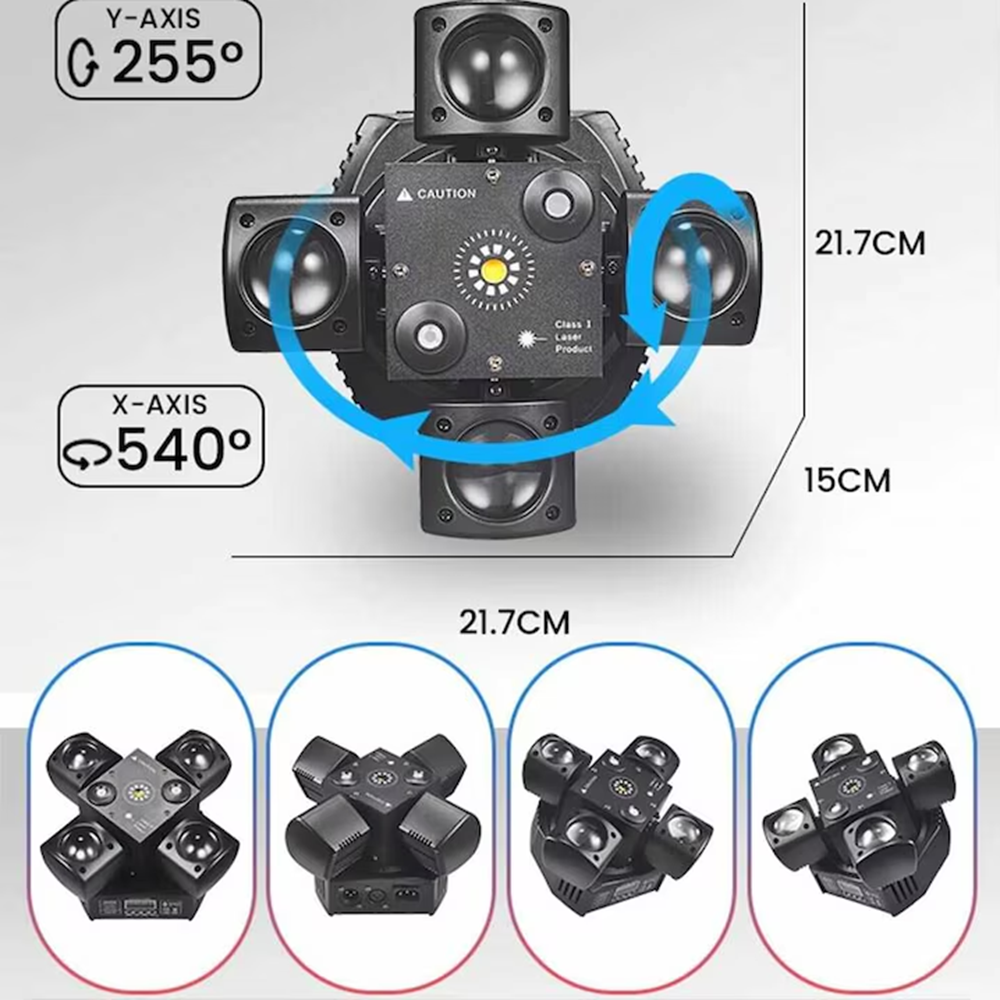 4 karos lézer-LED diszkófény mozgófejes effektekkel – stroboszkóp, hangvezérlés és távirányító-48W (BBD)1