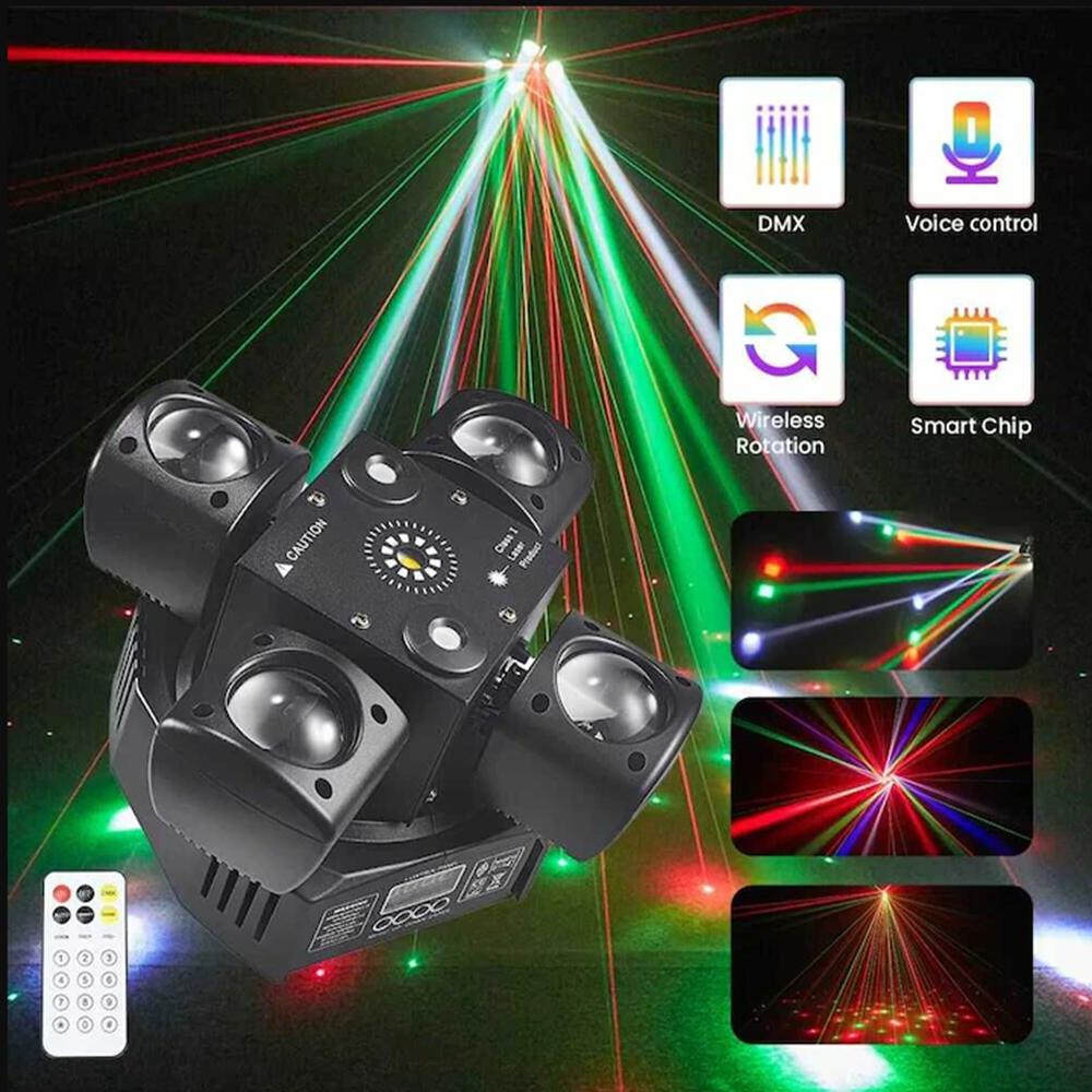 4 karos lézer-LED diszkófény mozgófejes effektekkel – stroboszkóp, hangvezérlés és távirányító-48W (BBD)4