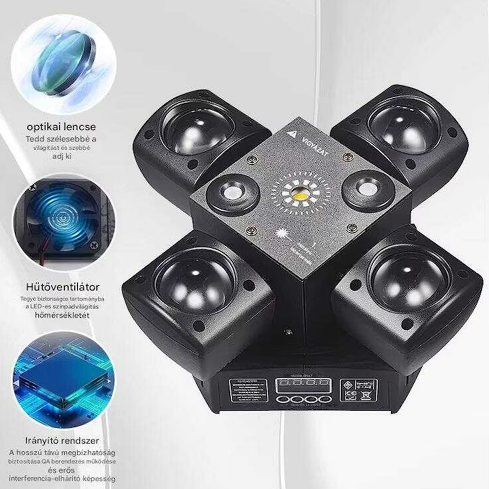 4 karos lézer-LED diszkófény mozgófejes effektekkel – stroboszkóp, hangvezérlés és távirányító-48W (BBD)5