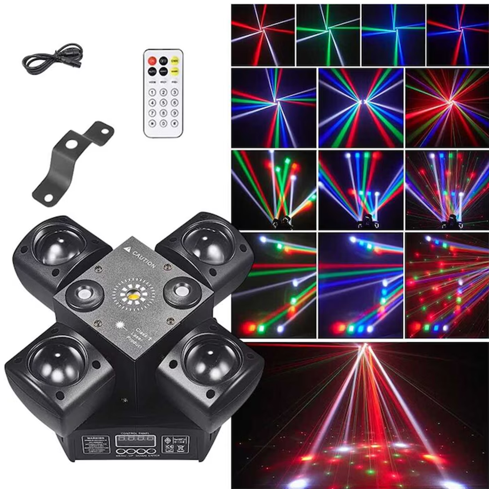 4 karos lézer-LED diszkófény mozgófejes effektekkel – stroboszkóp, hangvezérlés és távirányító-48W (BBD)7