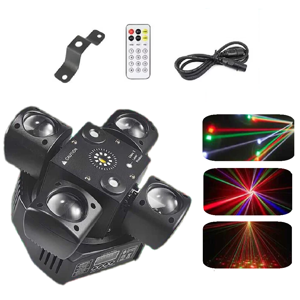 4 karos lézer-LED diszkófény mozgófejes effektekkel – stroboszkóp, hangvezérlés és távirányító-48W (BBD)8