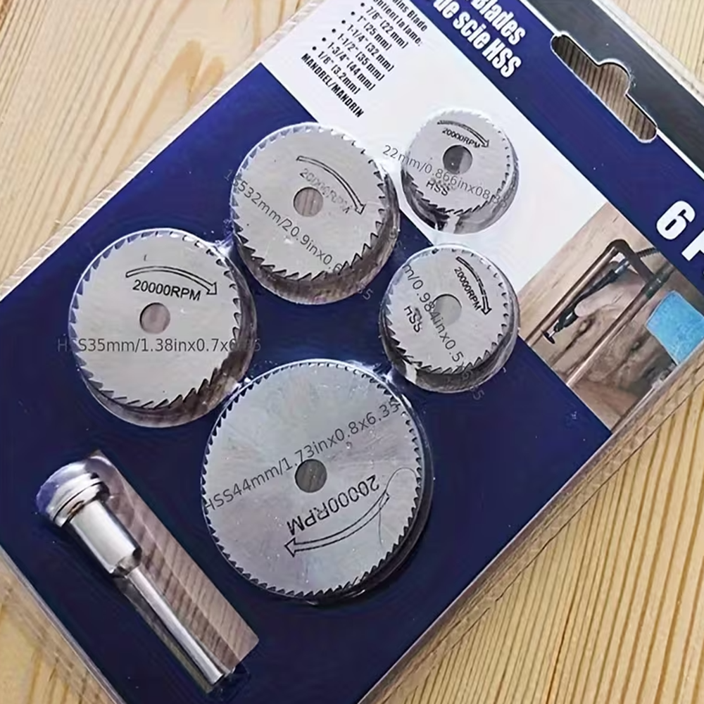 6 db-os, fúrógépre csatlakoztatható mini vágókorong készlet fémhez, fához, műanyaghoz – 22, 25, 32, 35 és 44 mm-es fűrésztárcsákkal (BBKM) (BBD)1