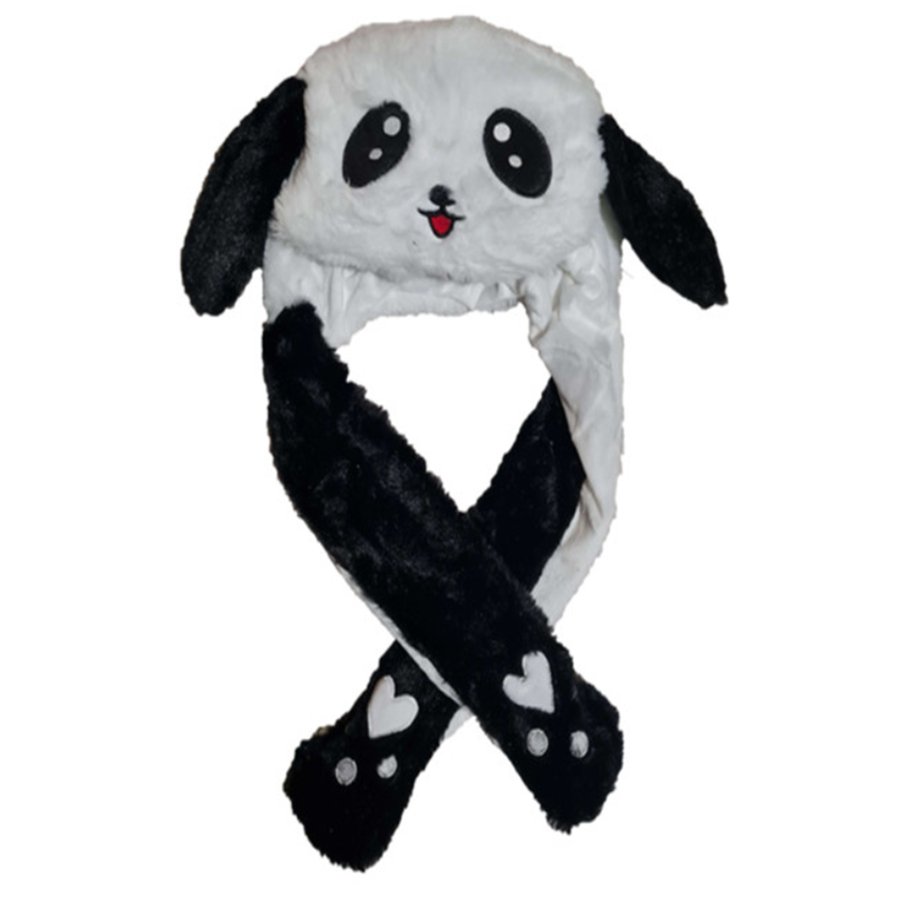 Bolyhos panda sapka mozgatható fülekkel és színes LED fényekkel – vicces, világító plüss party sapka (BBMJ) 1