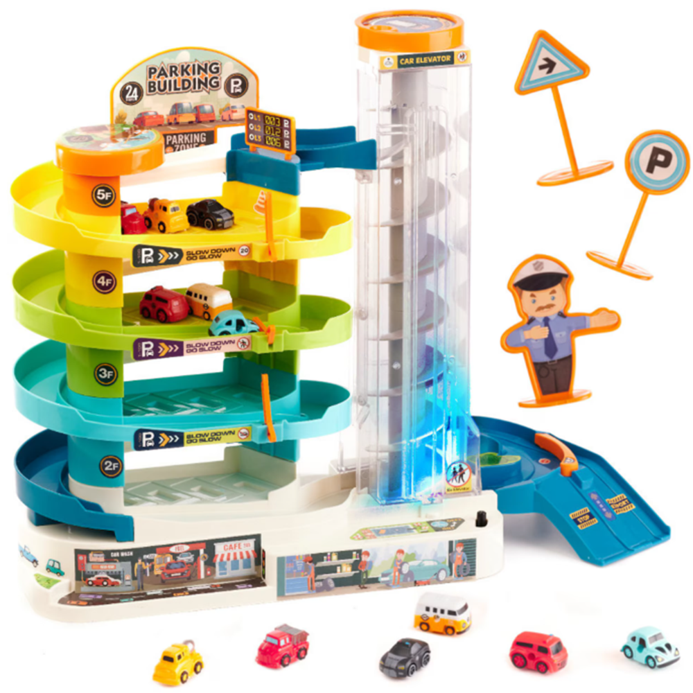 Gyermek 4 szintes parkolóház elektromos lifttel fényekkel és hangokkal – 6 autó, helikopter-leszálló (BBMJ) 1