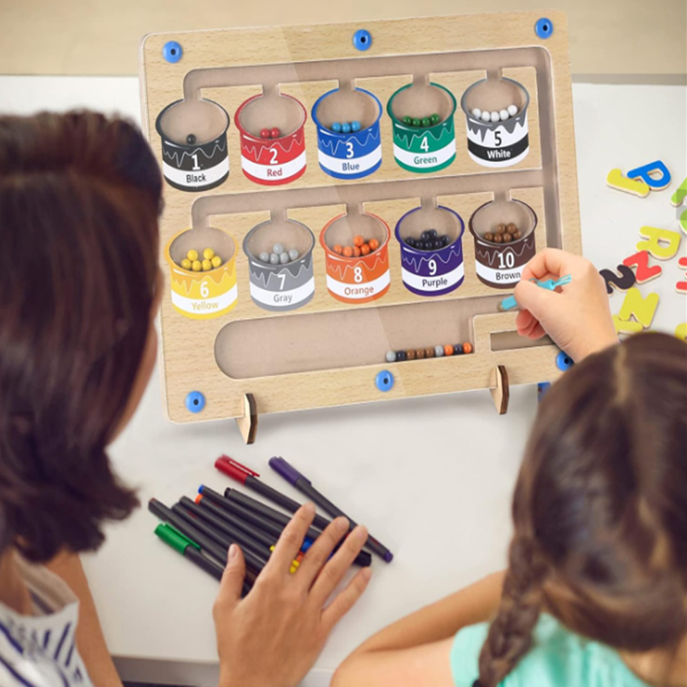 Mágneses szám- és színlabirintus fa készségfejlesztő játék – színrendező tábla 10 színes mágnesgolyóval, 3–8 éves gyerekeknek (BBJ) 2