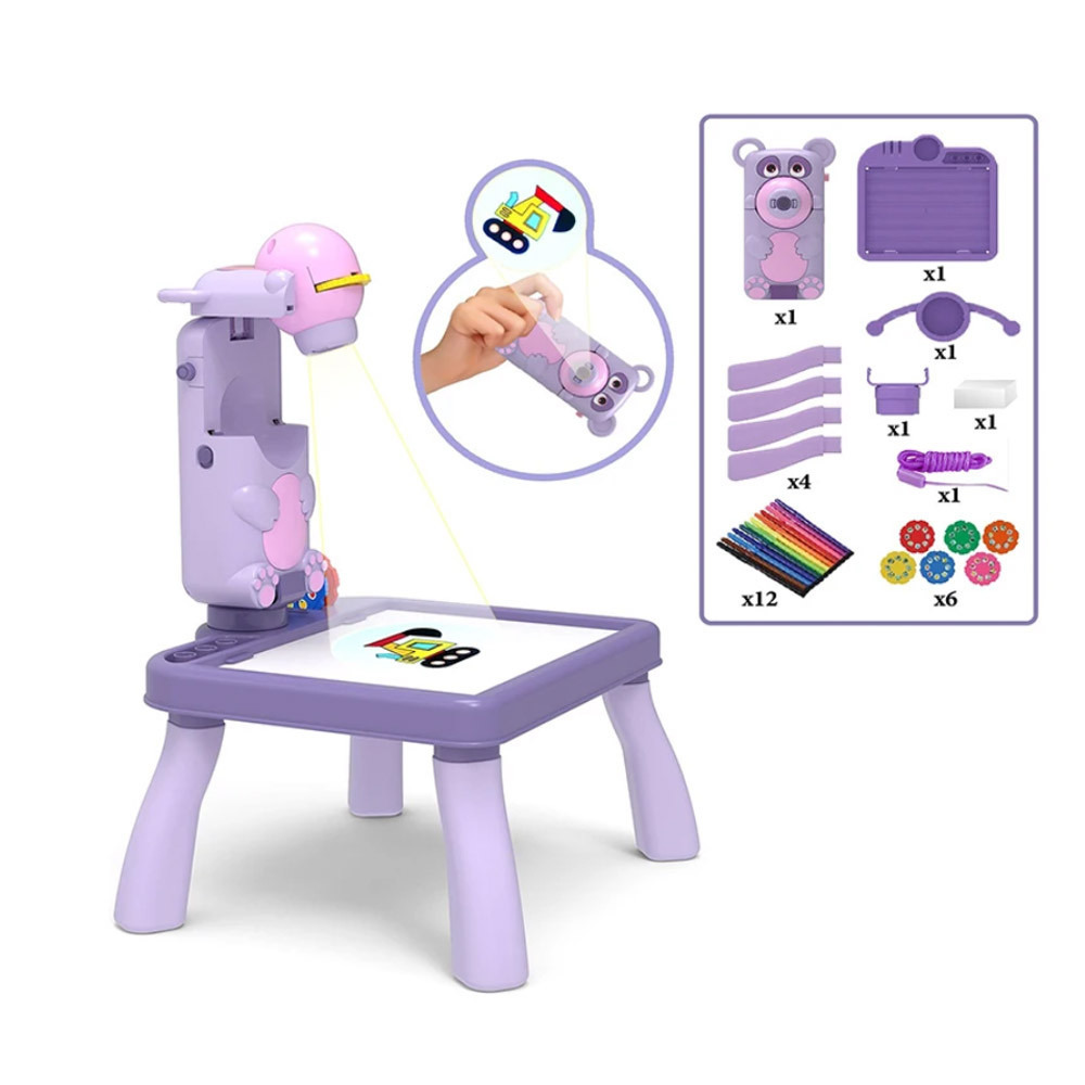 Mini projektoros zenélő rajzasztal gyerekeknek – filctollakkal, mintákkal lila (BBJ) 2 (2)