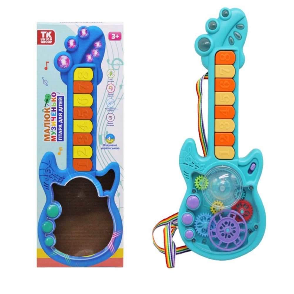 RockManó kék zenélő gitár gyerekeknek – interaktív érzékszervi fejlesztő játék 29×11 cm (BBJ) 1