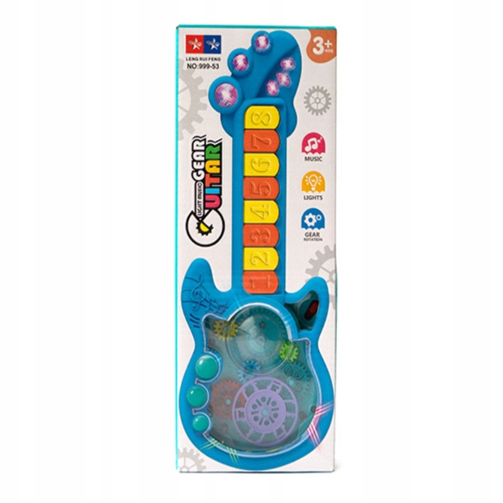 RockManó kék zenélő gitár gyerekeknek – interaktív érzékszervi fejlesztő játék 29×11 cm (BBJ) 2