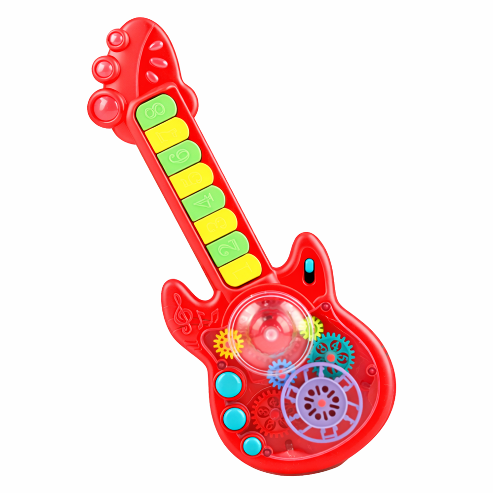 RockManó piros zenélő gitár gyerekeknek – interaktív érzékszervi fejlesztő játék 29×11 cm (BBJ) 1
