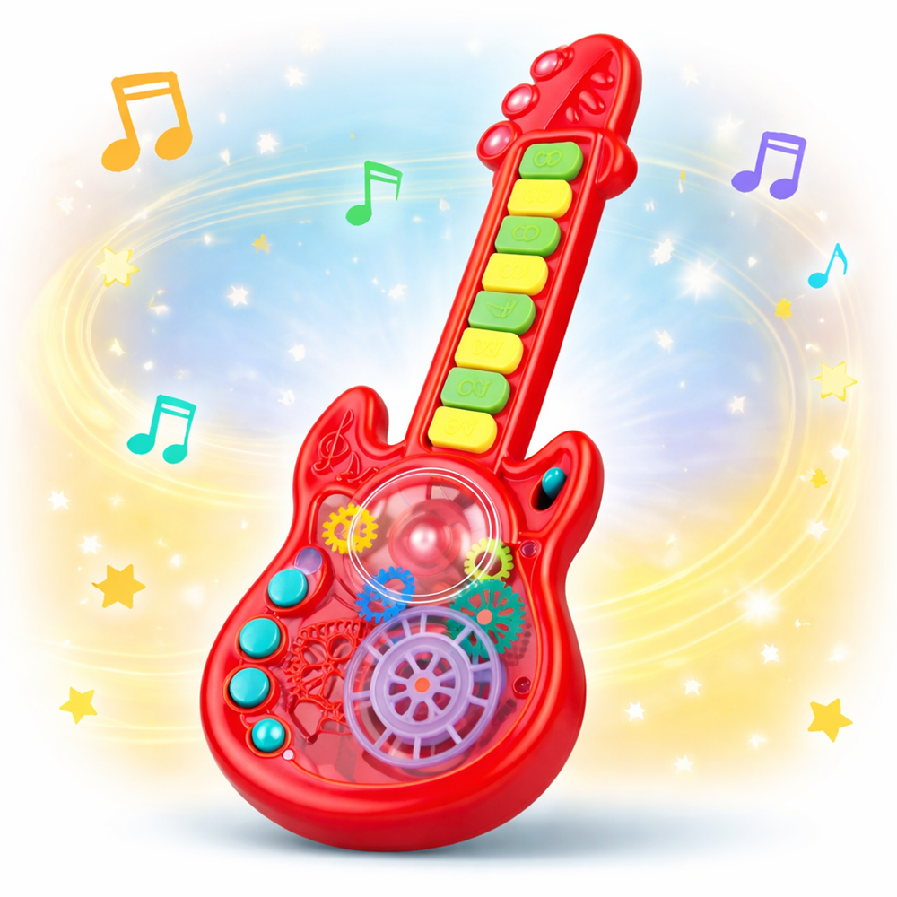 RockManó piros zenélő gitár gyerekeknek – interaktív érzékszervi fejlesztő játék 29×11 cm (BBJ) 10