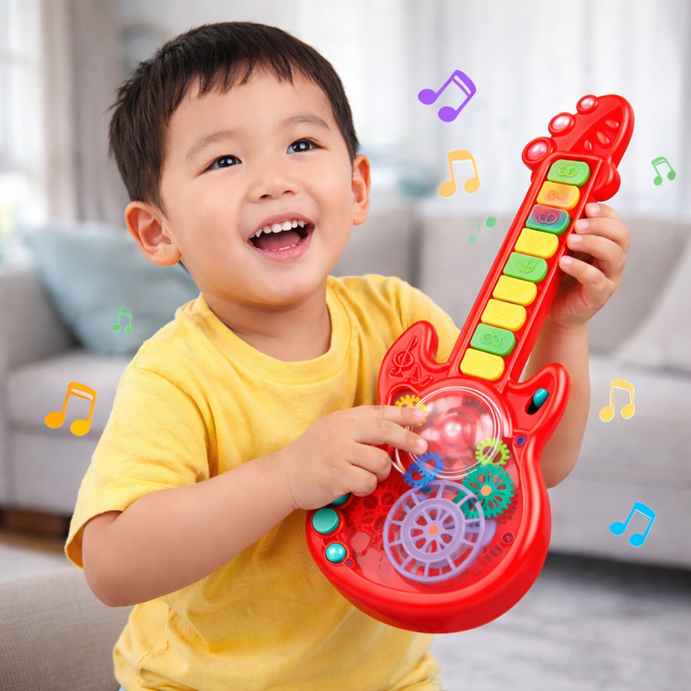 RockManó piros zenélő gitár gyerekeknek – interaktív érzékszervi fejlesztő játék 29×11 cm (BBJ) 2 (2)