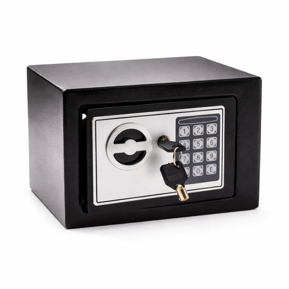 Acél digitális kombinációs széf – elektronikus kóddal nyitható biztonsági széf 4×AA elemmel, fekete trezor otthonra és irodába (BBV) 1