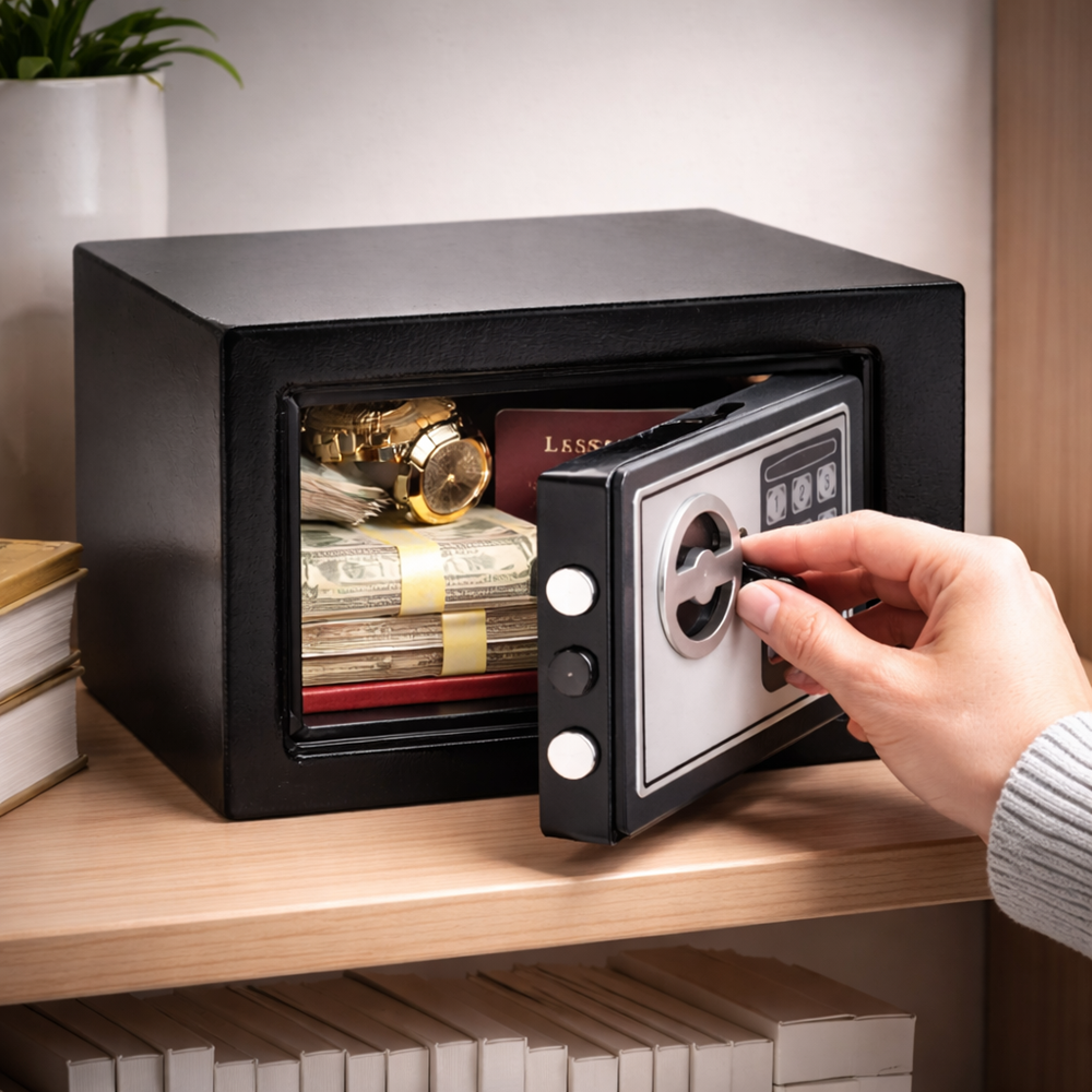 Acél digitális kombinációs széf – elektronikus kóddal nyitható biztonsági széf 4×AA elemmel, fekete trezor otthonra és irodába (BBV) 2