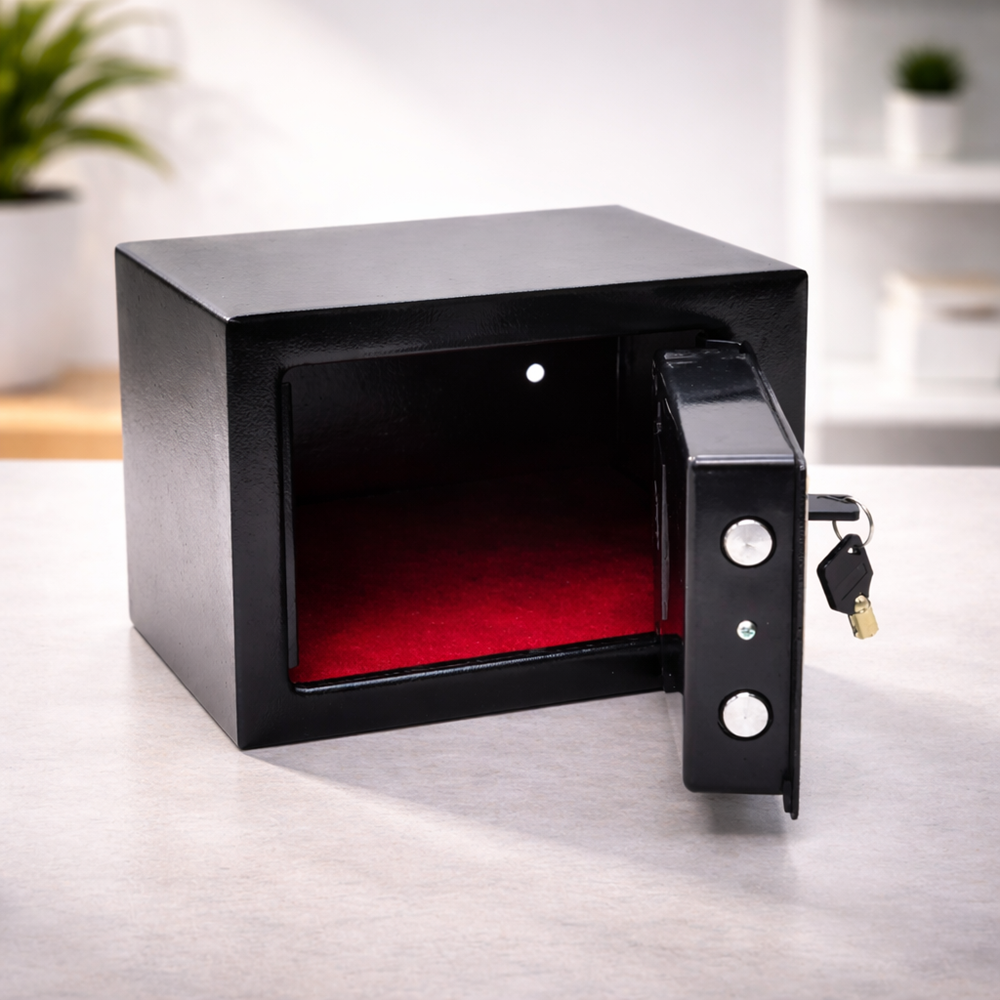 Acél digitális kombinációs széf – elektronikus kóddal nyitható biztonsági széf 4×AA elemmel, fekete trezor otthonra és irodába (BBV) 4