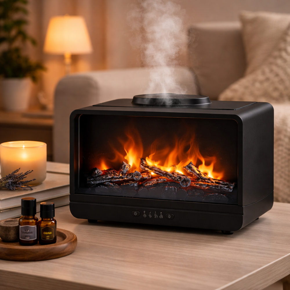 Aromora Relax kandalló hatású aromaterápiás diffúzor és ultrahangos párásító 300 ml – LED láng effekt (BBV) 2