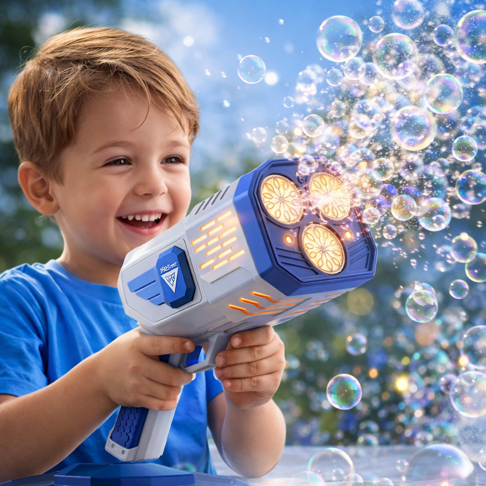 Bubble Gun 36 lyukú LED buborékfújó pisztoly – automata szappanbuborék gép gyerekeknek, kék – 2026 egyik legkeresettebb játéka (BBJ) 3