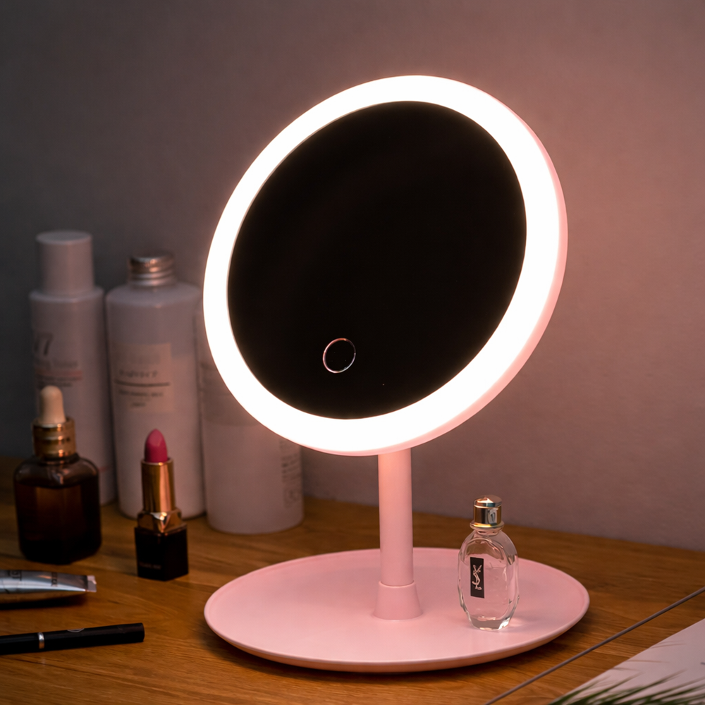 GlowBella Touch LED sminktükör – USB-s, akkumulátoros, érintésérzékeny kozmetikai tükör rózsaszín (BBV) 2