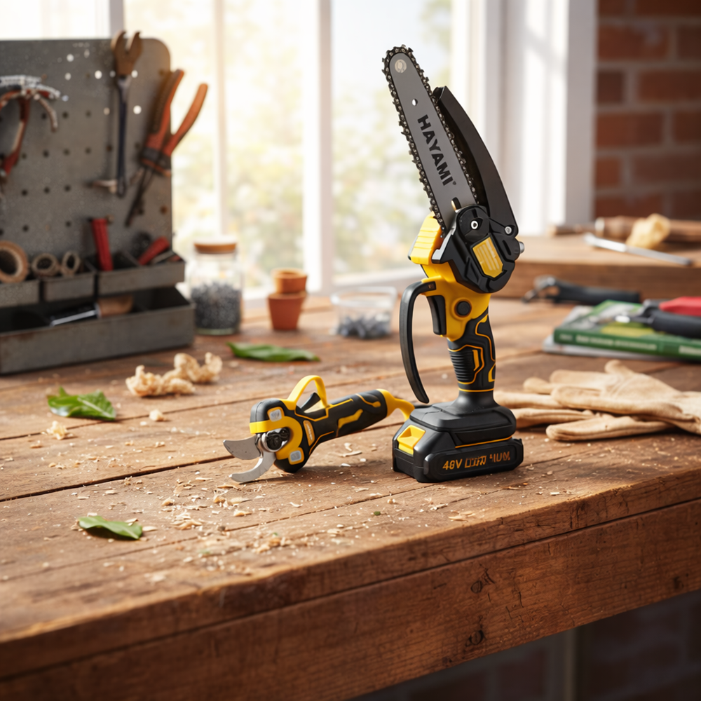 HAYAMI HA-1004 akkus metszőolló és mini láncfűrész szett – LCD kijelző, 6” olajzós láncfűrész, 2 akkumulátorral (FX) 3