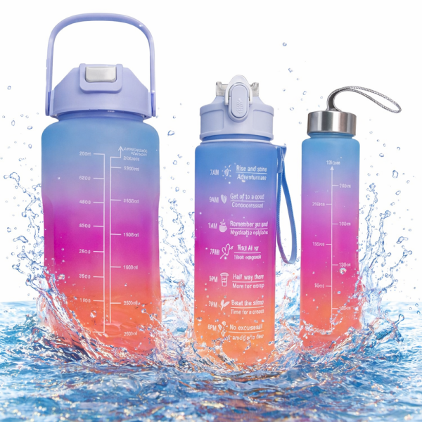 Háromrészes motivációs kulacs szett, kék-lila-narancssárga színkombinációban, 2L, 900 ml és 300 ml méretű palackokkal 1 (2)