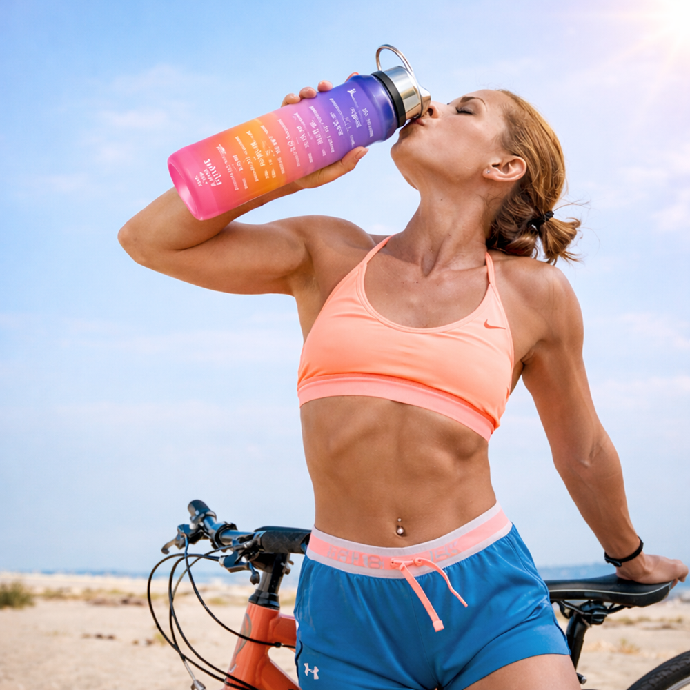 Háromrészes motivációs kulacs szett, kék-lila-narancssárga színkombinációban, 2L, 900 ml és 300 ml méretű palackokkal 10