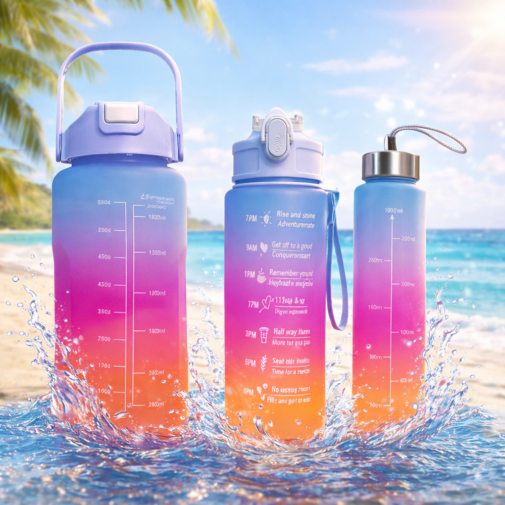 Háromrészes motivációs kulacs szett, kék-lila-narancssárga színkombinációban, 2L, 900 ml és 300 ml méretű palackokkal 9