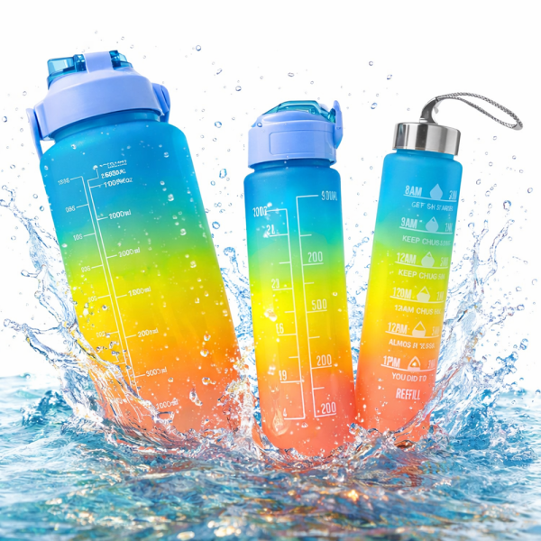 Háromrészes motivációs kulacs szett, kék-sárga-rózsaszín színkombinációban, 2L, 900 ml és 300 ml méretű palackokkal 1 (2)