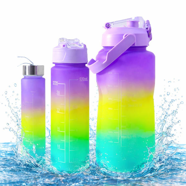 Háromrészes motivációs kulacs szett, lila-sárga-kék színkombinációban, 2L, 900 ml és 300 ml méretű palackokkal 1 (2)