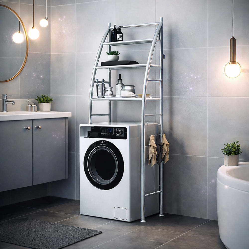 HomeNest mosógép fölé helyezhető tárolópolc – 3 polcos fürdőszobai és mosókonyhai állvány, fehér 68×25×166 cm (BBV) 3