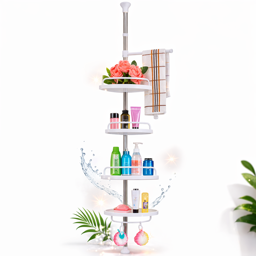 HomeNest teleszkópos fürdőszobai sarokpolc 4 polccal – állítható magasságú zuhany sarokpolc 165–320 cm (BBV) 1