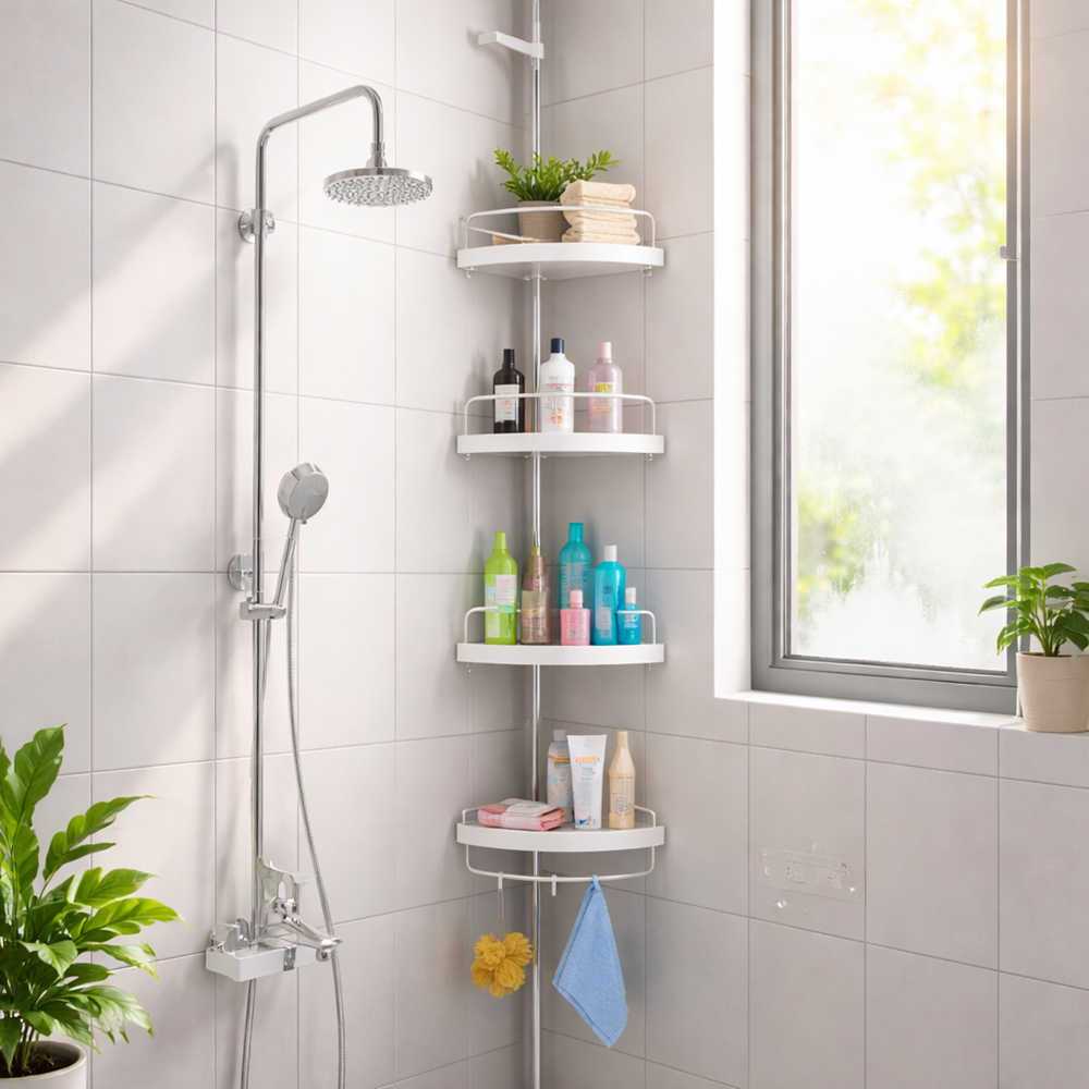 HomeNest teleszkópos fürdőszobai sarokpolc 4 polccal – állítható magasságú zuhany sarokpolc 165–320 cm (BBV) 3