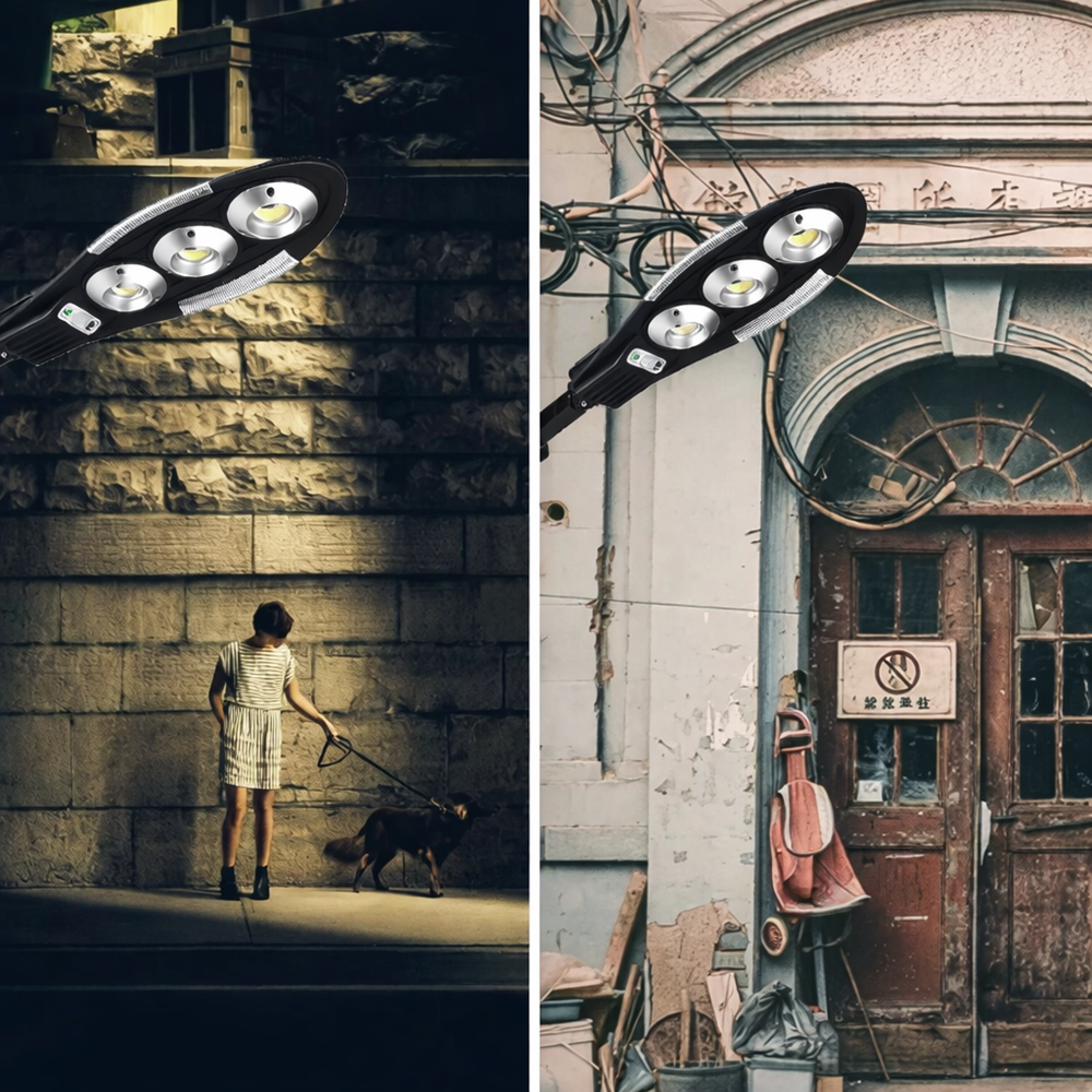 Jortan 150W COB napelemes LED utcai lámpa – 90 LED mozgásérzékelős, távirányítós kültéri biztonsági reflektor IP65, 6500K 3