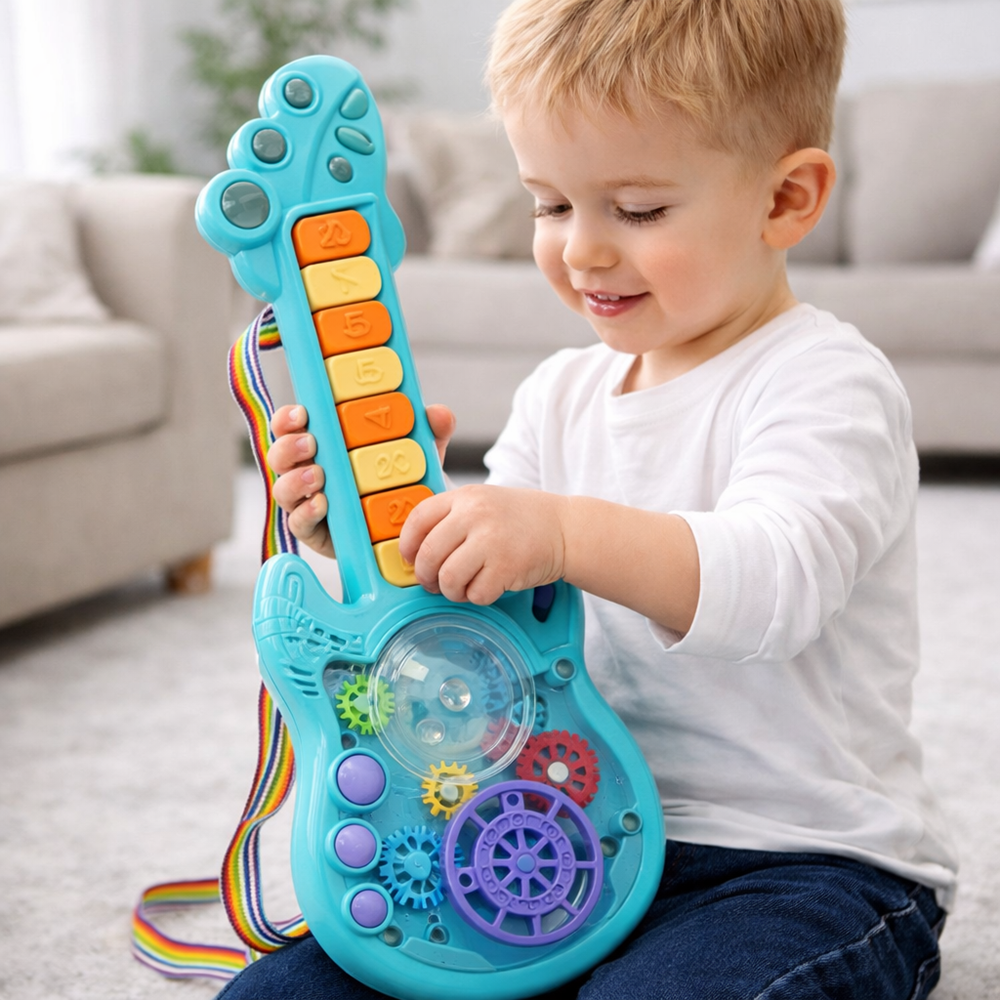 RockManó kék zenélő gitár gyerekeknek – interaktív érzékszervi fejlesztő játék 29×11 cm (BBJ) 22