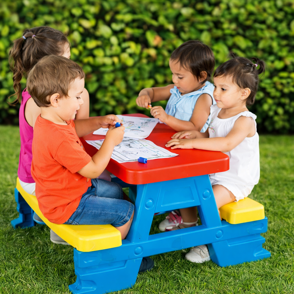 Színes gyermek kerti pad és asztal szett – tartós műanyag 70 x 79 x 47 cm, kék (BBJ) 2