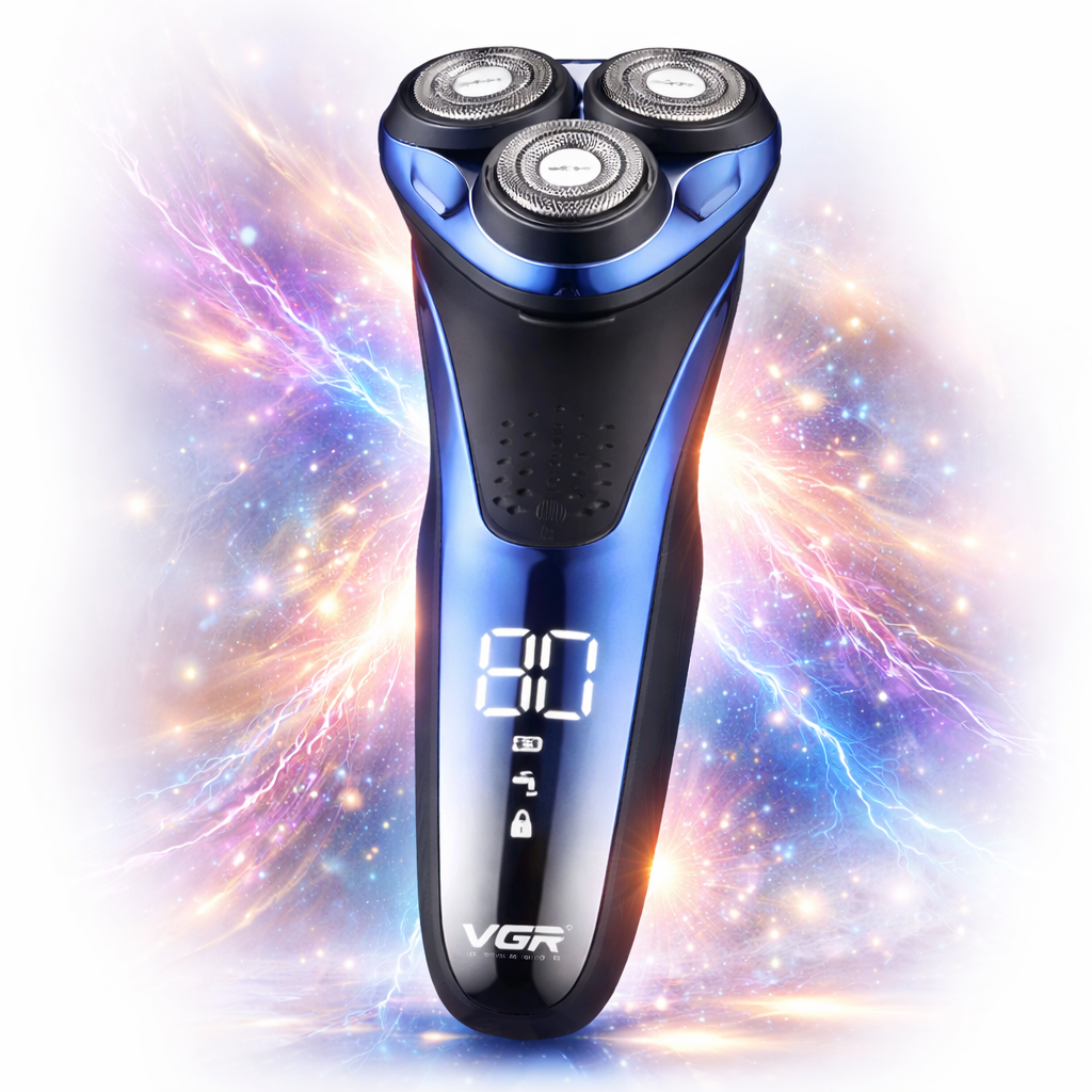 VGR V-306 háromfejes elektromos borotva – forgó körkéses férfi borotvagép USB töltéssel, vízálló akkus borotva 80 perc üzemidővel (BBD) 1