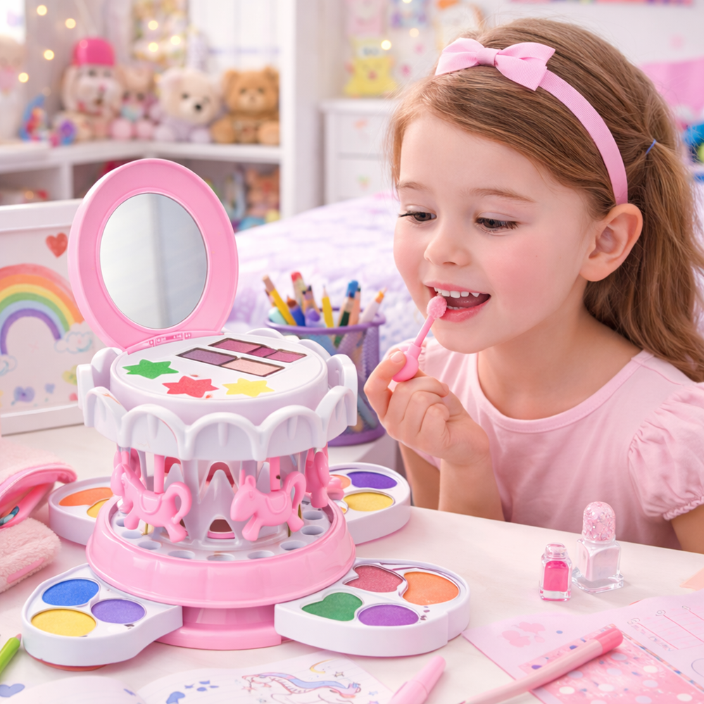 Körhinta rózsaszín sminkkészlet gyerekeknek – smink szett tükörrel és színes kozmetikumokkal (BBJ) 6