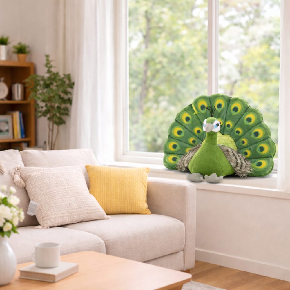 Prémium zöld plüss páva párna – dekoratív, puha díszpárna lakásdekorációhoz és ajándéknak (BBJ) 3