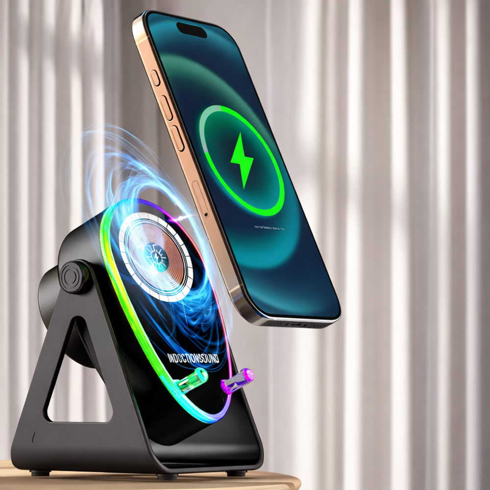 Vezeték nélküli töltős hangszóró telefontartó LED hangulatfénnyel – univerzális okostelefon állvány (BBD) 2